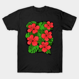 Red Hibiscus Flowers & Monstera Leaves T-Shirt